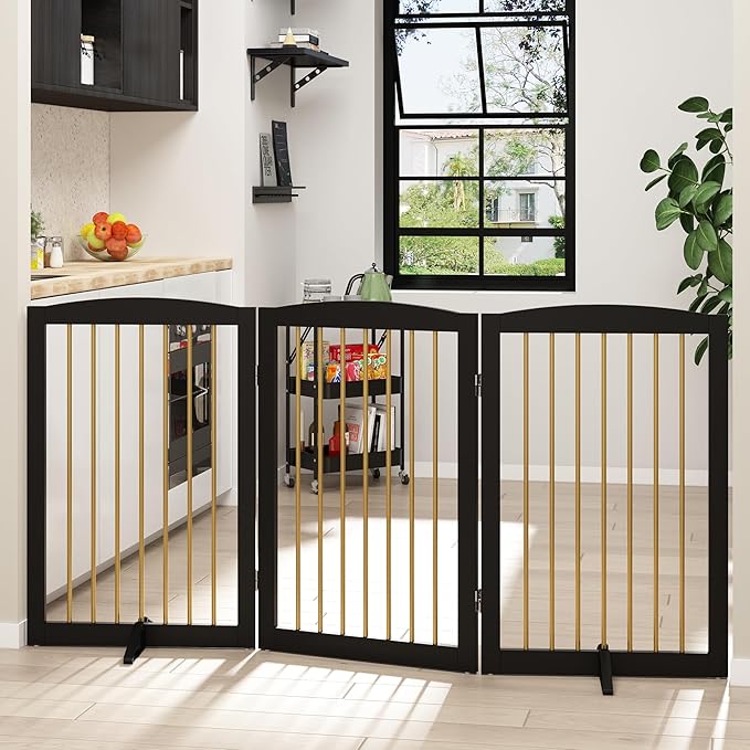 Freestanding Pet Gate for Dogs, Foldable Wooden Dog Gate for House Indoor, Step Over Pet Puppy Safety Fence for Stair, Doorway,Hall, Support Feet Included,3 Panels 32",Black&Gold-PawvioPets