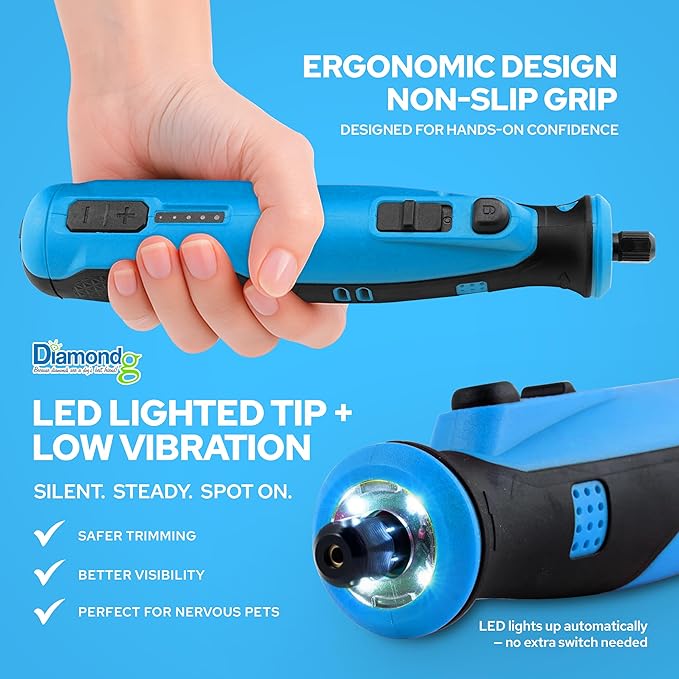 Diamondg Cordless Dog Nail Grinder with Quiet Sound & LED Tip for Large & Small Dogs, 4hrs. Runtime, 2 Bits Included, Blue-PawvioPets