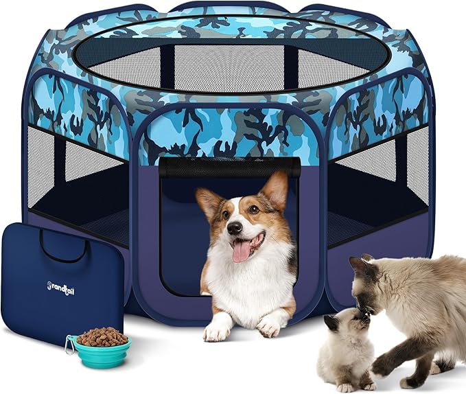 Dog Playpen, Pet Playpen, Portable Cat Playpen, Foldable Puppy Playpen Exercise Kennel Tent with Carry Case Collapsible Bowl,Water-Resistant Shade Cover for Indoor Outdoor Travel （Bule,Medium）-PawvioPets