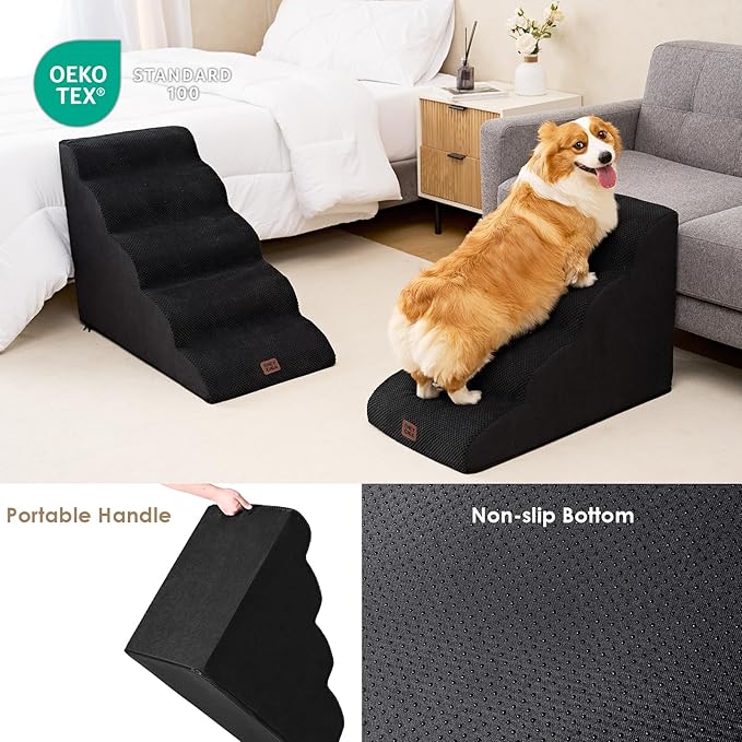 EHEYCIGA Curved Dog Stairs Ramp for High Beds 19.7" H, 4-Step Dog Steps for Small Dogs and Cats, Pet Stairs for High Bed Climbing, Non-Slip Balanced Pet Step Indoor, Black-PawvioPets