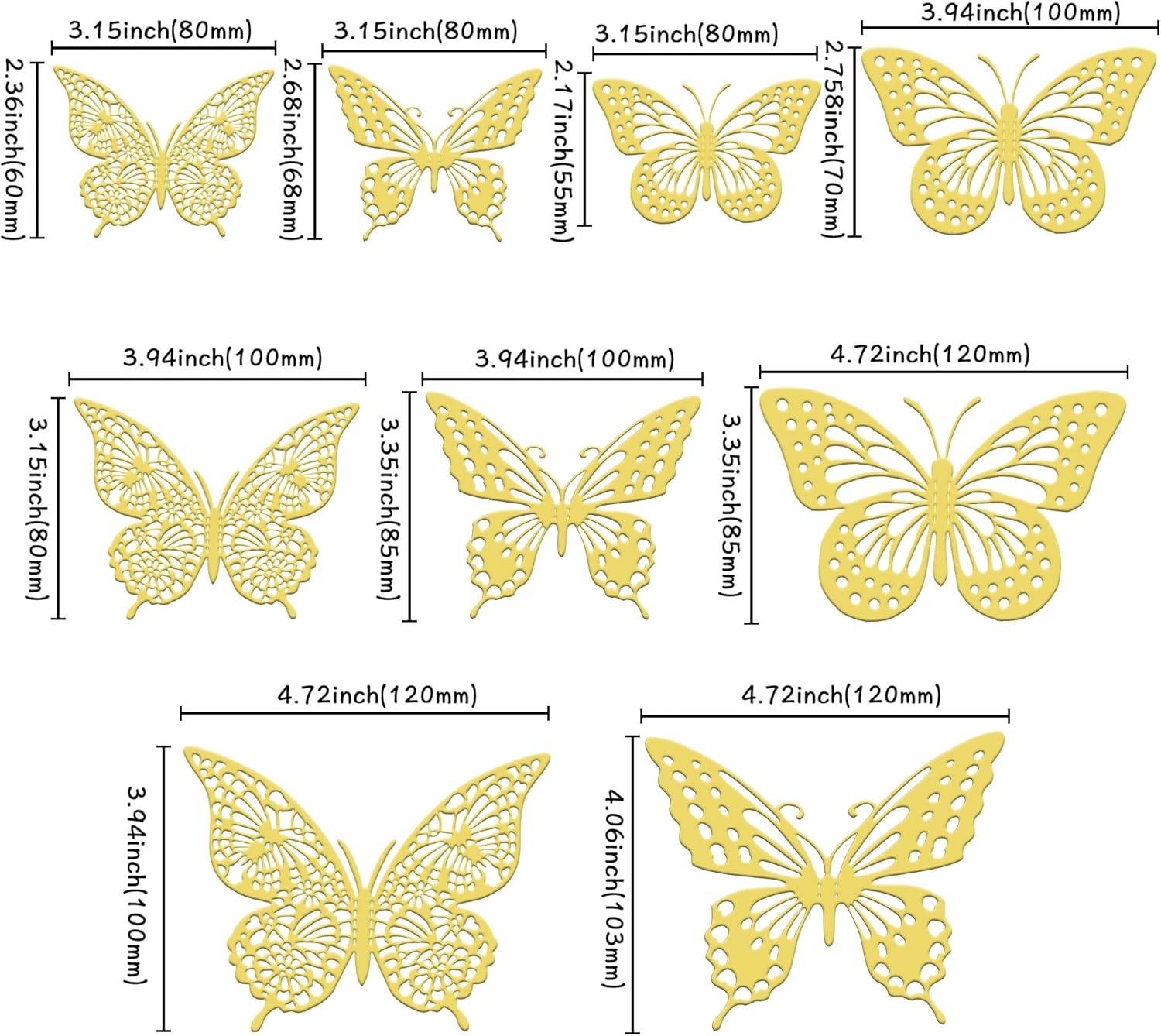 Gyufise 36 Pack Gold Glitter 3D Butterfly Cupcake Toppers Hollow Cake Decorations for Birthday Wedding Fairy Party Wall Sticker Decal