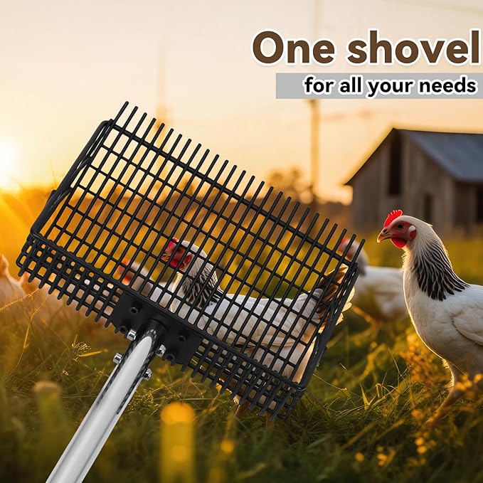 2 in 1 Chicken Poop Scooper Rake , 2 Rakes and 4 Sections Adjustable Stainless Steel Handle 37.4 - 68.9 Inch, Litter Scoop Chicken Coop Scoop for Animal Farm and Poultry Habitats with Gloves-PawvioPets