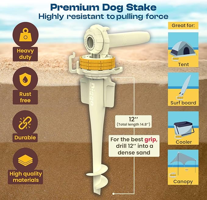 Diggo Dog Stake Beach Anchor - Dog Beach Essentials for All Dog Sizes - Unique 360° Head Rotating Combination Beach Lock System, Heavy Duty Tie Out Stake, Umbrella Sand Anchor, Designed for The Beach-PawvioPets