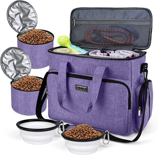 BAGLHER Dog Travel Bag, Airline Approved Pet Tote Organizer with Multi-Function Pockets, 2 X Food Storage Containers and 2 X Collapsible Dog Bowls, Perfect Weekend Pet Travel Set for Dog, Cat Purple-PawvioPets