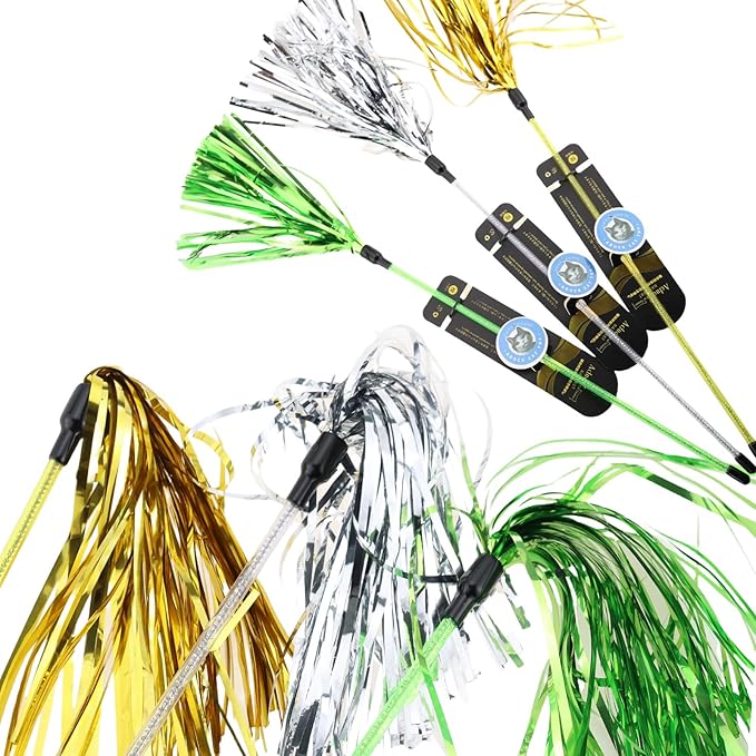 ADUCK Interactive Cat Teaser Wand Toy with Tassels - Durable Cat Chaser for Indoor Kitten Exercise, Boredom Relief & Training Play, Pack of 3 (Gold, Silver, Green)-PawvioPets