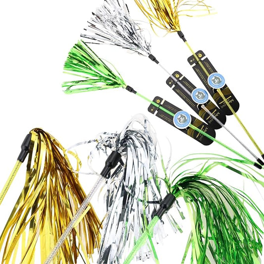 ADUCK Interactive Cat Teaser Wand Toy with Tassels - Durable Cat Chaser for Indoor Kitten Exercise, Boredom Relief & Training Play, Pack of 3 (Gold, Silver, Green)-PawvioPets