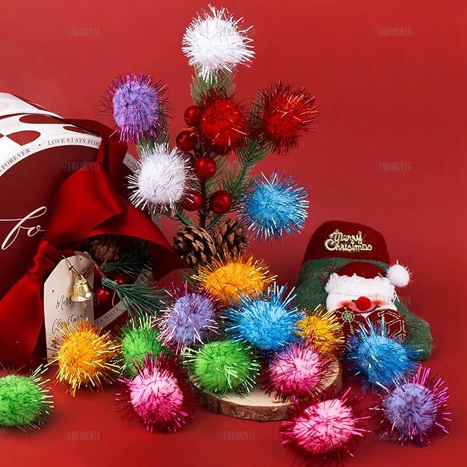 AUEAR, 20 Pack Sparkle Balls 1.5 Inches Tinsel Poms for Cats Pets Assorted Colors-PawvioPets