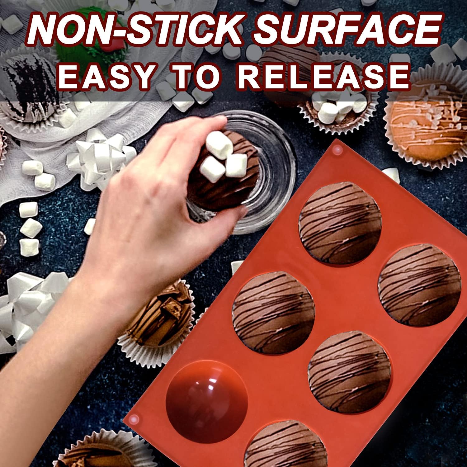 3 Pack Large 6-Cavity Semi Sphere Silicone Molds, Non-Stick Baking Mold for Making Standard Size Hot Chocolate Bomb, Cake, Jelly, Dome Mousse