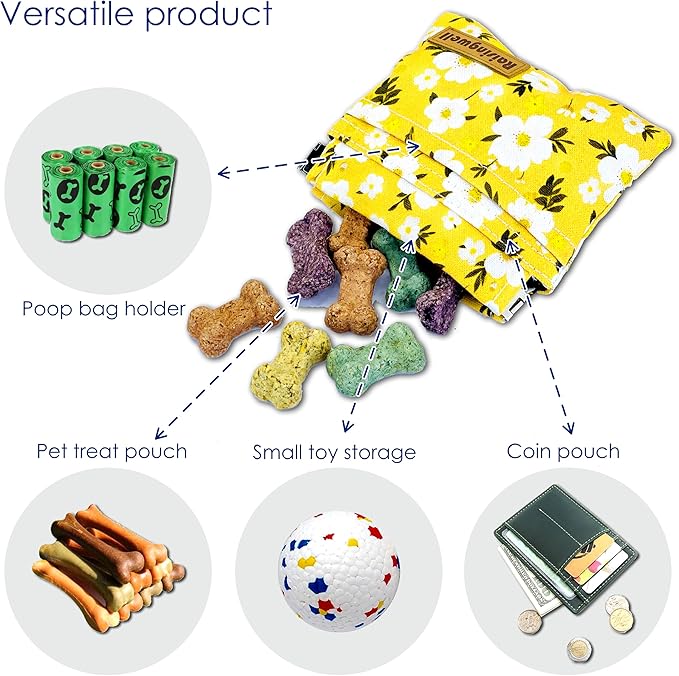 Dog Treat Pouch, Pocket Sized Pet Training Pouch, Cotton Fabric, Hand Free Yellow Flower Dog Walking Bag with Carabiner, Self-Closing Pet Feed Snack Reward, for Puppy Travel or Outdoor Use-PawvioPets