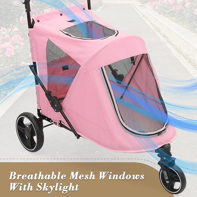 Athena Collection 3 Wheels Pet Stroller Fabric Dog Cart Dog Stroller for Large Dogs 55 Lbs Pet Stroller with Mesh Windows, Zipper Back Pocket, Safety Tether, Angle Adjustable Handlebar, Pink-PawvioPets