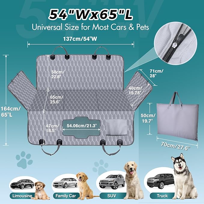 Back Seat Extender for Dogs-Supports 400lb,Waterproof Dog Car Seat Cover Hard Bottom-Detachable,600D Heavy Duty Scratch Proof Nonslip Soft,Dog Hammock for Car,SUVs-Grey-PawvioPets