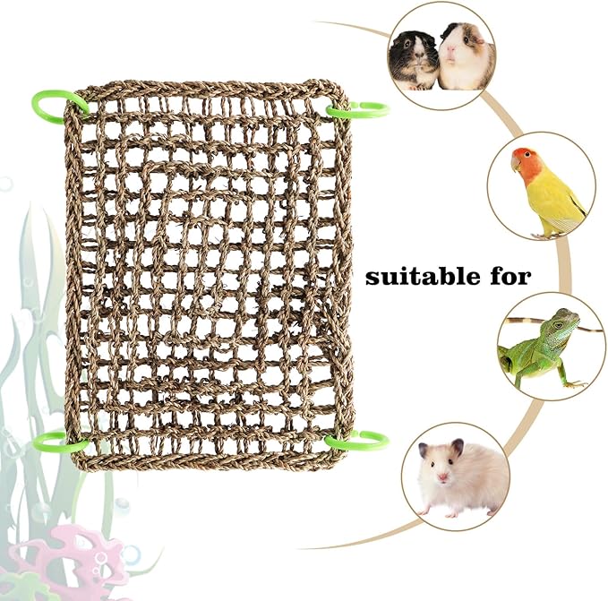 16 x 12 Inches Bird Seagrass Mat, Natural Seagrass Woven Net, Bird Hammock Mat with Hooks, Bird Cage Accessories, Climbing Rope Ladder Chew Toys for Cockatiel Hamster Guinea Pig Rats Hamster Parakeet-PawvioPets