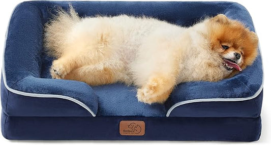 Bedsure Orthopedic Dog Beds for Small Dogs - Washable Small Dog Cat Bed Waterproof, Comfort Pet Couch Sofa with Washable Removable Cover, Pets Bed with Nonskid Bottom, Blue Navy, 24"-PawvioPets
