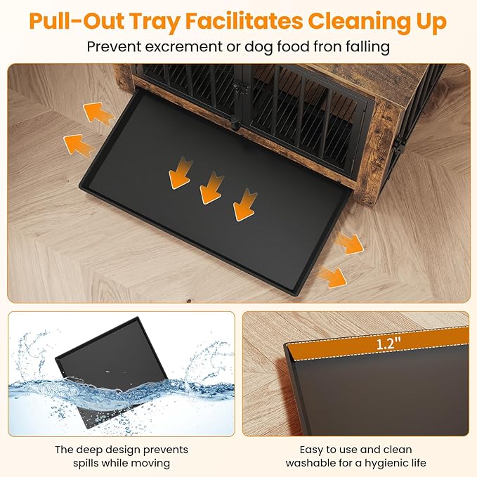 Dog Crate Furniture, Dog Crate End Table for Small and Medium Dogs,Wooden Cage Kennel Furniture Indoor, Modern Dog Crate with Multi-Purpose Removable Tray, Double-Doors Dog Furniture, Rustic Brown-PawvioPets