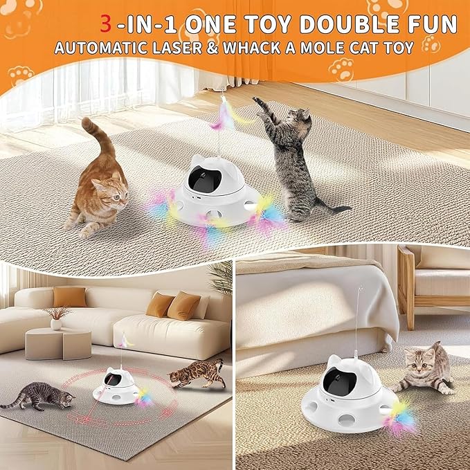 3-in-1 Cat Laser Toy & Interactive Automatic Motion-Activated Kitten Toy – 6 Holes Whack-A-Mole Feather & Moving Ambush Fun – USB Rechargeable, Apply to – Indoor Exercise for Cats of All Breeds-PawvioPets