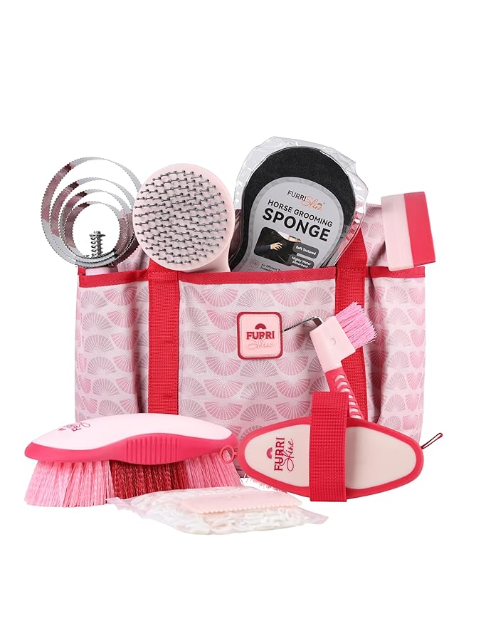 9PCS Horse Grooming Kit Curry Comb Sweat Scraper Horse Bathing Supplies Grooming Tools with Storage Bag Pink Garnet-PawvioPets