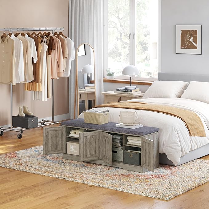 DINZI LVJ Shoe Bench, Entryway Storage Bench with Doors, Cushion, 2-Tier Shoe Rack with 8-Cubby, 47.2”L x 13.8”W Shoe Organizer Cabinet, Adjustable Shelf, Living Room, Bedroom, Gray Wash-PawvioPets