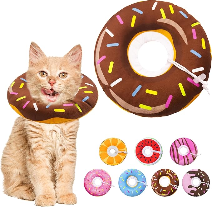 Cat Cone Collar Soft, Adjustable Cat Recovery Collars Spay Cone to Stop Licking, Cute Donut E Collar After Surgery, Wound Healing Elizabethan Collar for Kittens (Donut Brown, Small)-PawvioPets