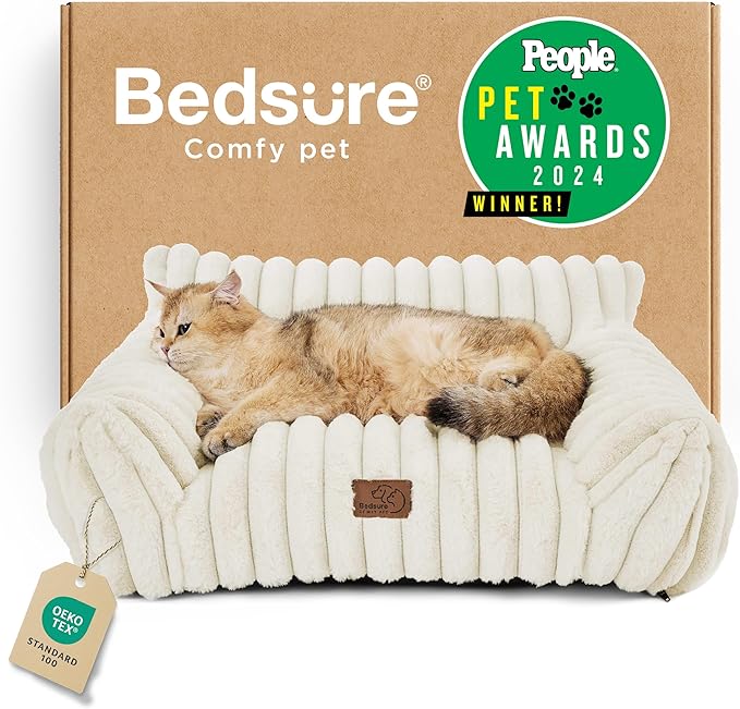Bedsure Cute Couch for Pets - Fluffy Pet Sofa with Premium Soft Corduroy Fleece, Fuzzy Cat Beds for Indoor Cat with Removable Washable Cover, Supportive Pet Chair, 24inch, Cream-PawvioPets