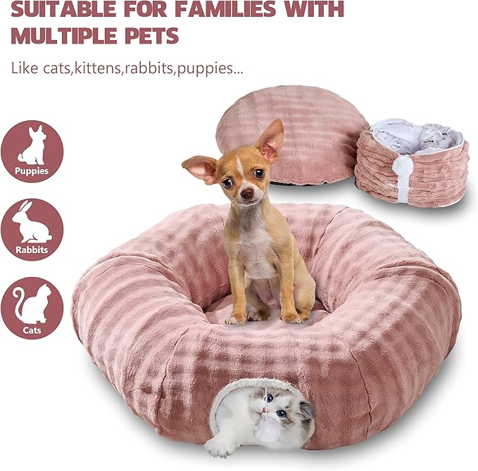 Bubble Cat Tunnel for Indoor Cats, Round Peekaboo Cave Toy with Dangling Balls, Donut Tunnel Bed with Circle Mat for Puppy Kitten Rabbit, Dusty Pink-PawvioPets