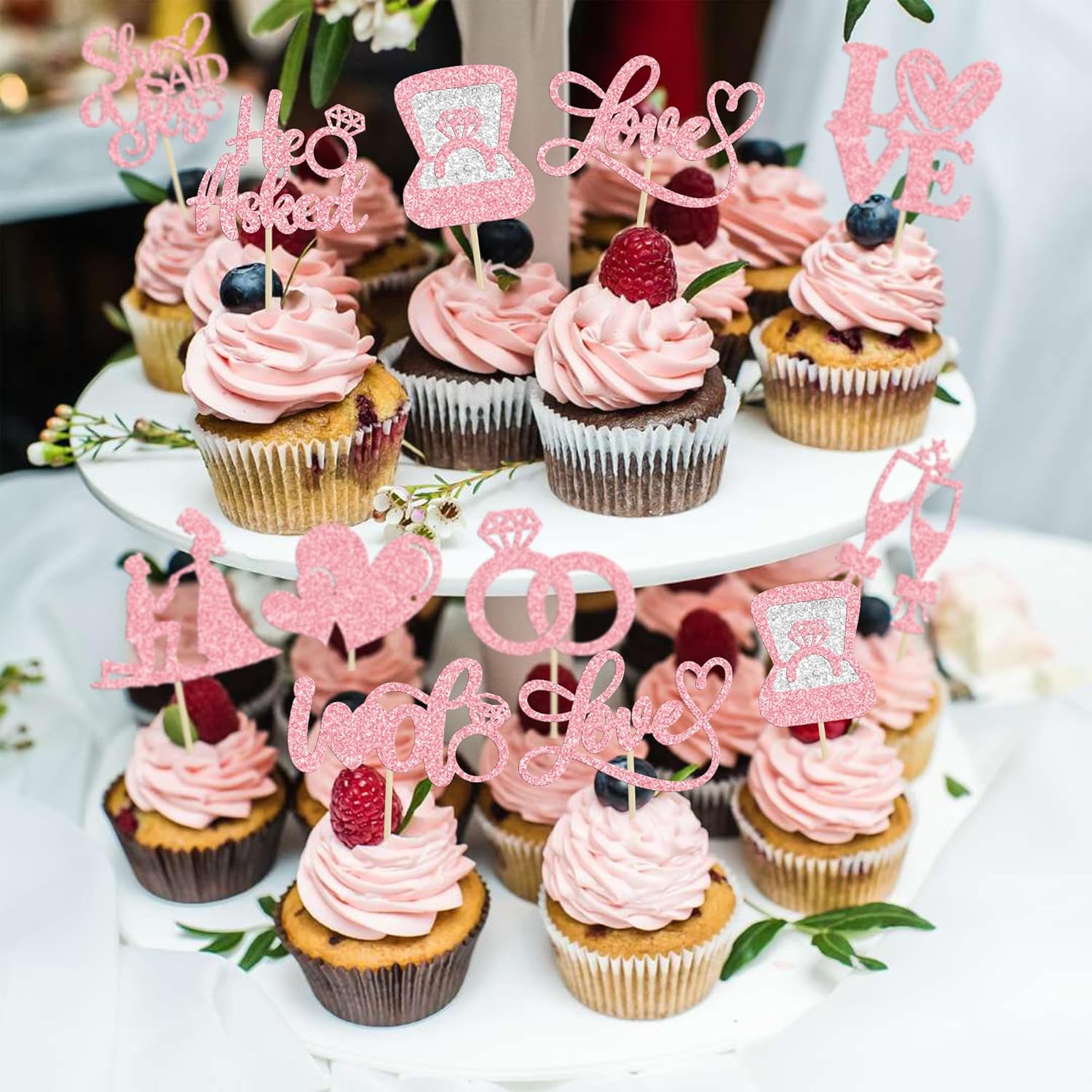 Ephlyn 30Pcs He Asked She Said Yes Cupcake Toppers Glitter Engagement Cupcake Toppers Diamond Ring Heart Love I Do Cupcake Picks for Engagement Wedding Party Cake Decorations Pink