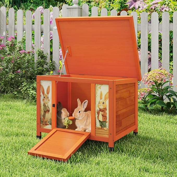 COZIWOW 24in Wooden Cat House Outdoor & Indoor Pet Shelter with Foldable Ramp - Weatherproof Rabbit Hutch with Unique Machine-Printed Art Designs for Cat, Rabbit, Guinea Pig (Orange)-PawvioPets