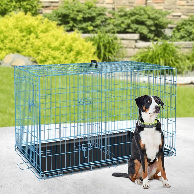BestPet | Dog Crate | 36" | Blue | Foldable Metal Kennel with Double Doors, Secure Slide-Bolt Latches, Leakproof Tray | Portable Dog Cage for Medium Sized Breeds | for Travel, Indoor & Outdoor Use-PawvioPets