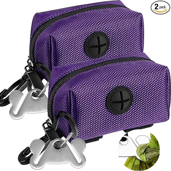Dog Waste Bag Dispenser Pet Poop Bags Holder for Doggie Waste Bags Dispensers Soft Fabric Zipper Small Doggy Puppy Pouch for Leash Accessory Attachment with Carrier,2PCS Purple-PawvioPets