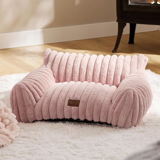 Bedsure Cute Cat Couch for Pets - Fluffy Cat Sofa with Premium Soft Corduroy Fleece, Fuzzy Pet Couch Bed with Removable Washable Cover, Supportive Chair for Indoor Cats, 24inch, Blush Pink-PawvioPets