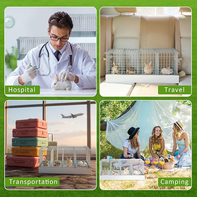 Folding Rabbit Cage, 28 x 16 x 12 in Portable Bunny Carrier with Tray and Handles for Transport, Travel or Temporary Housing, Indoor Outdoor Pet Habitat Animal Enclosure-PawvioPets