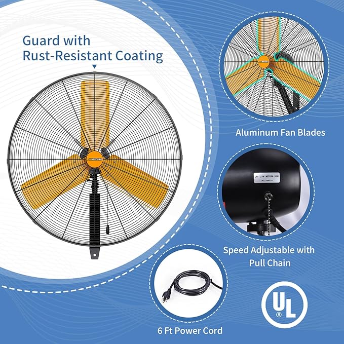 30 inch Oscillating High Velocity Wall Mount Fan, 8550 CFM Industrial Heavy Duty Metal Wall Fans, 3 Speeds, Adjustable Height and Tilt, Commercial Shop Fan for Garage, Workshop-PawvioPets