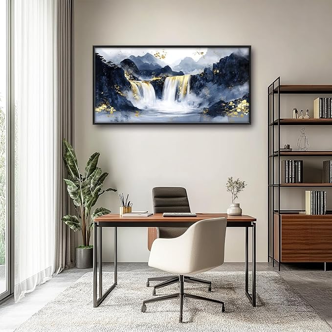 Extra Large Abstract Golden Waterfall Framed Wall Art for Living Room,Oversized Foggy Mountain Pictures Wall Decor,Canvas Print Painting Modern Artwork Bedroom Office Bathroom 60L" x 30W"-PawvioPets