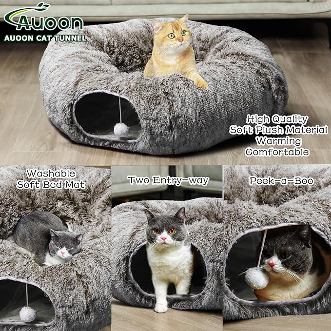 AUOON Cat Tunnel Bed - Cat Donut Tunnel with Soft Plush Circle Cushion for Indoor Cats Kitten Kitty Puppy Rabbit Ferret (Brown)-PawvioPets