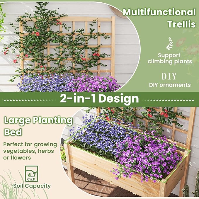 Giantex Raised Garden Bed with Trellis, Wooden Elevated Planter Box with Legs, Drainage Holes for Climbing Plants Vines Vegetables Flowers Herbs, Outdoor Horticulture Planter for Patio Yard (Natural)-PawvioPets