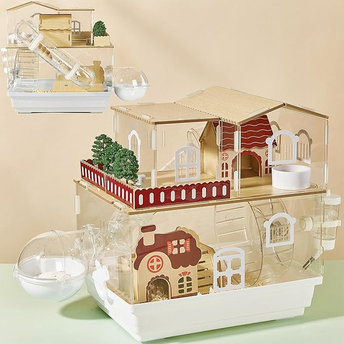 12 in 1 Clear Acrylic Hamster Cage with All Accessories,13.5''L* 10''W* 15''H Dwarf Hamster Cage,Magnetic Connection Small Hamster Enclosure,Garden Style Wooden Mouse Cage for Pet Mice(2-Layer,White)-PawvioPets