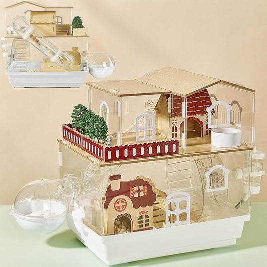 12 in 1 Clear Acrylic Hamster Cage with All Accessories,13.5''L* 10''W* 15''H Dwarf Hamster Cage,Magnetic Connection Small Hamster Enclosure,Garden Style Wooden Mouse Cage for Pet Mice(2-Layer,White)-PawvioPets