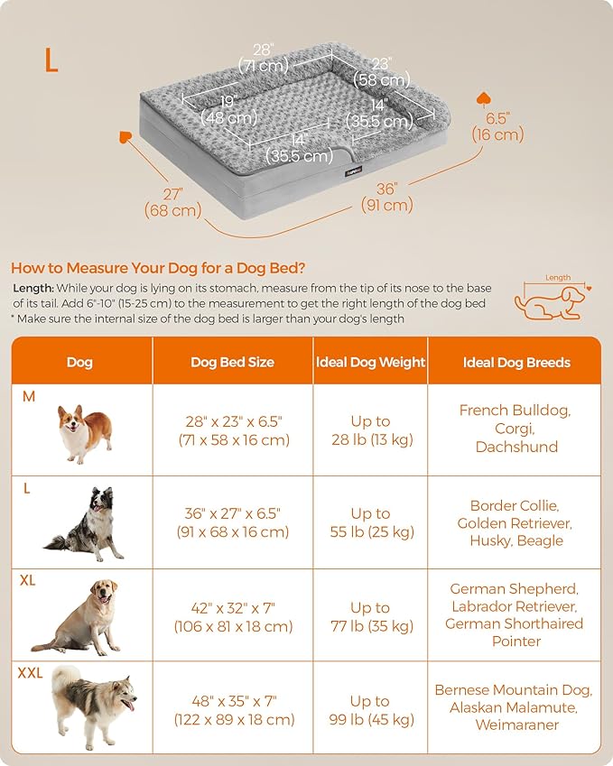 Feandrea Orthopaedic Dog Bed for Large Dogs, Waterproof Dog Sofa Bed with Removable Washable Cover, 36 x 27 x 6.5 Inches, Dove Gray UPGW252G01-PawvioPets