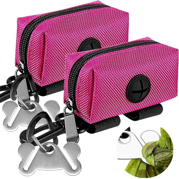 Dog Waste Bag Dispenser Pet Poop Bags Holder for Doggie Waste Bags Dispensers Soft Fabric Zipper Small Doggy Puppy Pouch for Leash Accessory Attachment with Carrier,2PC Pink-PawvioPets