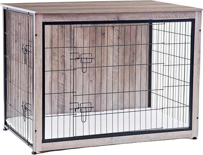 DWANTON Dog Crate Furniture with Cushion, Wooden Kennel Table with Double Doors, Indoor Dog House, Extra Large Size, 43.3" L, Greige-PawvioPets