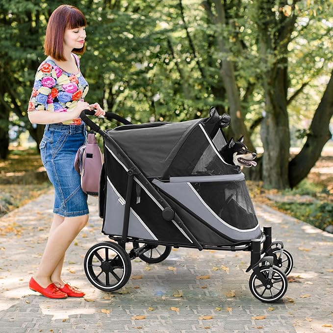 Dog Stroller for Medium/Large Dogs One-Click Folding, Extra Large Pet Stroller for 2 Dogs with Storage Pocket & Shock Absorption, Up to 130 lbs, Grey-PawvioPets