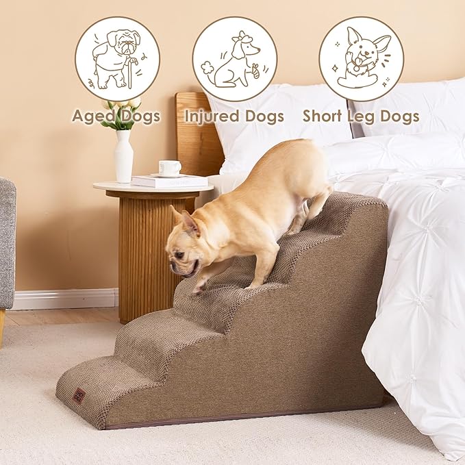 EHEYCIGA Curved Dog Stairs Ramp for High Beds 22.6" H, 5-Step Dog Steps for Small Dogs and Cats, Pet Stairs for High Bed Climbing, Non-Slip Balanced Pet Step Indoor, Camel-PawvioPets