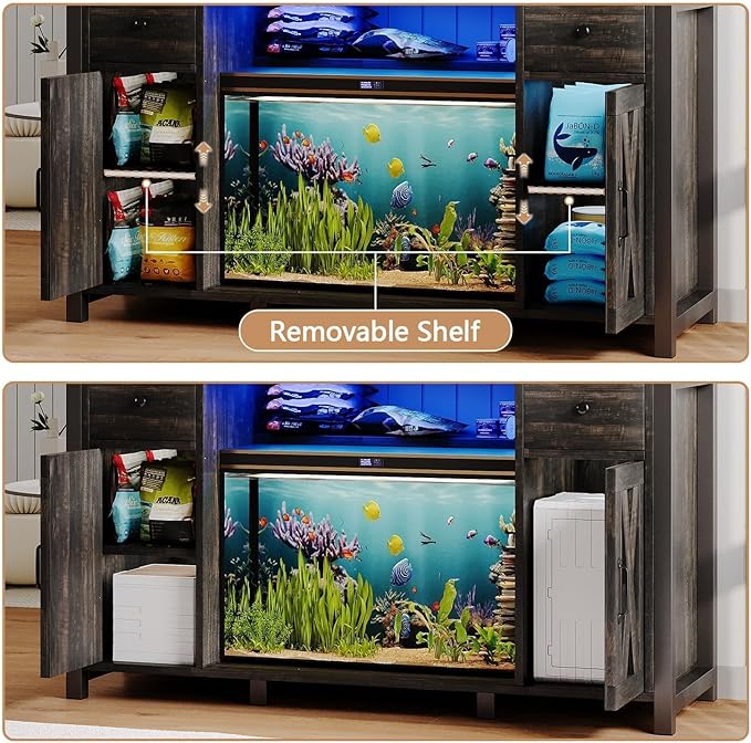 75 Gallon Fish Tank Stand with LED Light & Power Outlets, 55-75 Gallon Heavy Duty Metal Aquarium Stand with Drawers & Barn Doors, Cabinet for 2 Fish Tank Accessories Storage, Dark Oak-PawvioPets