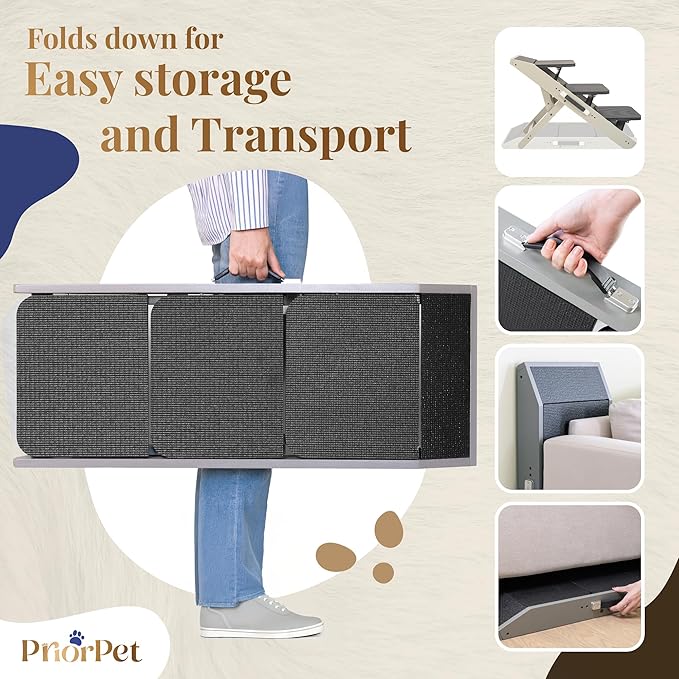 Dog Steps for Bed & Couch 2-in-1 Dog Stairs/Ramp - Height Adjustable Dog Ramp for Couch 7” - 20” - Pet Stairs, Dog Stairs for Small Dogs - Easy to Move Pet Steps with Landing Platform, Gray-PawvioPets