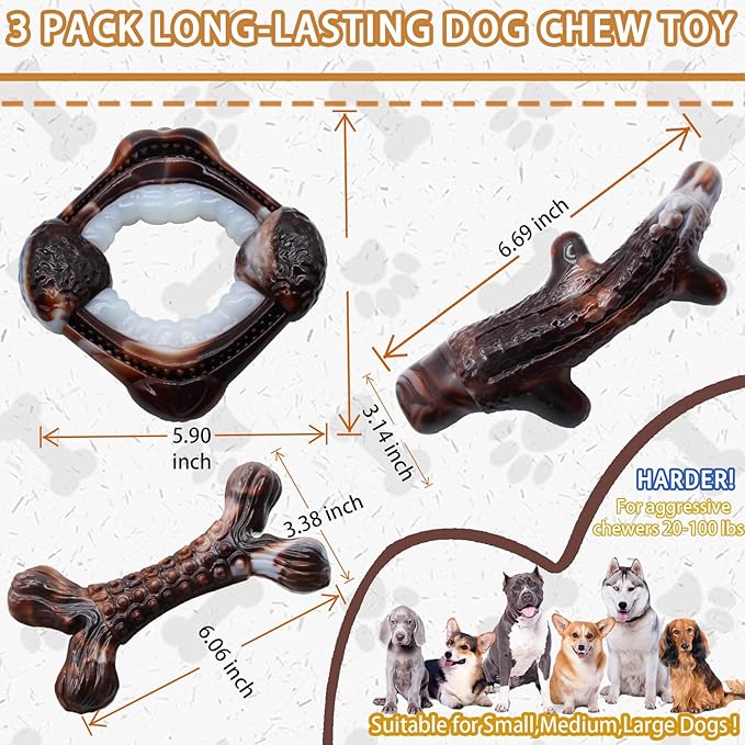 Magicorange 3-Pack Dog Chew Toys for Aggressive Chewers, Nylon Durable Dog Toys, Bacon Flavored Tough Bones Chew Toys-PawvioPets