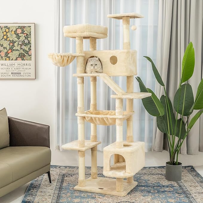 73 inches Large Cat Tree for Indoor Cats, Tall Cat Tower with Sisal Scratching Posts and Pads, Padded Plush Perch, Cozy Basket, Plush Condo for Large Cats (Beige)-PawvioPets