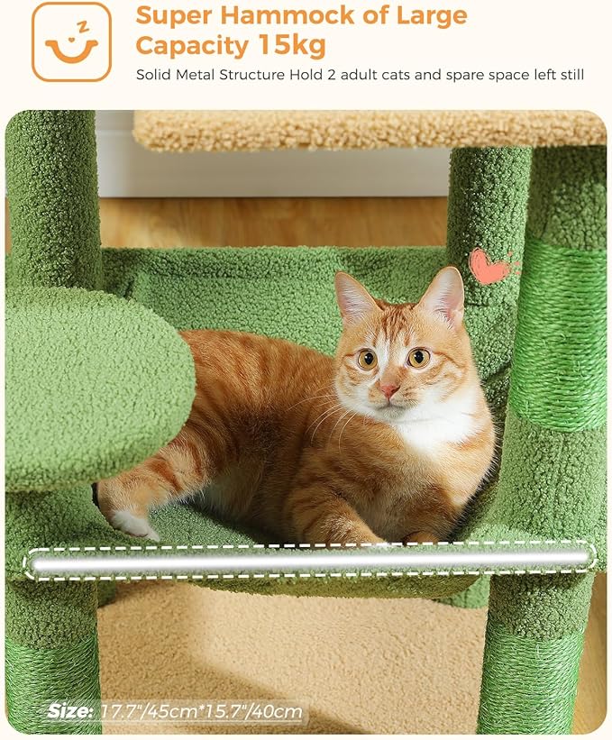Cactus Cat Tree for Indoor Cats, 45.7" Multi-Level Cat Tower with Large Metal Frame Hammock, Cat Condo with 4 Scratching Posts and Top Perch, Green-PawvioPets