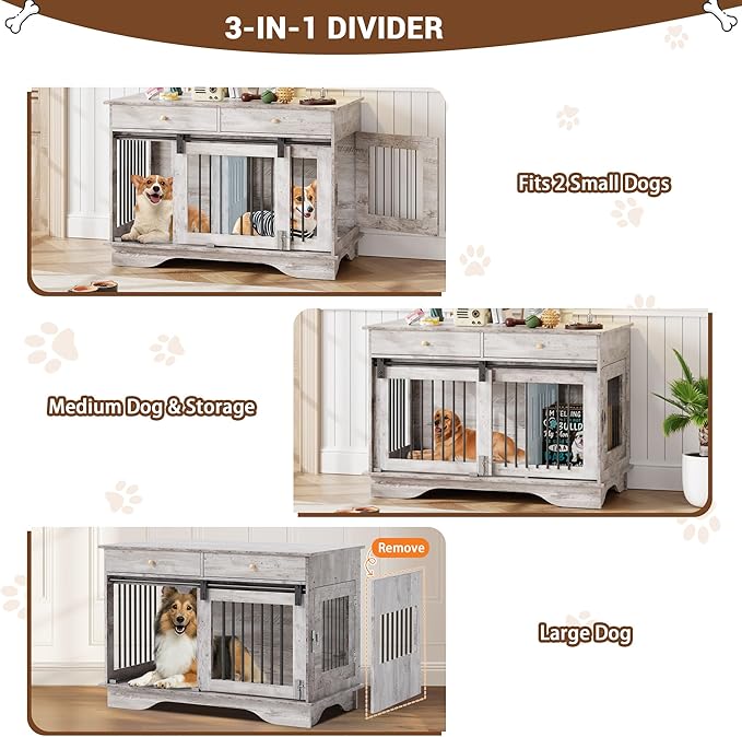 Dog Furniture Crate, 47" Large Dog Crate Furniture w/ 2 Storage Draws & Removable Divider for Large/Medium/Small Dogs (Grey, Double Cage)-PawvioPets
