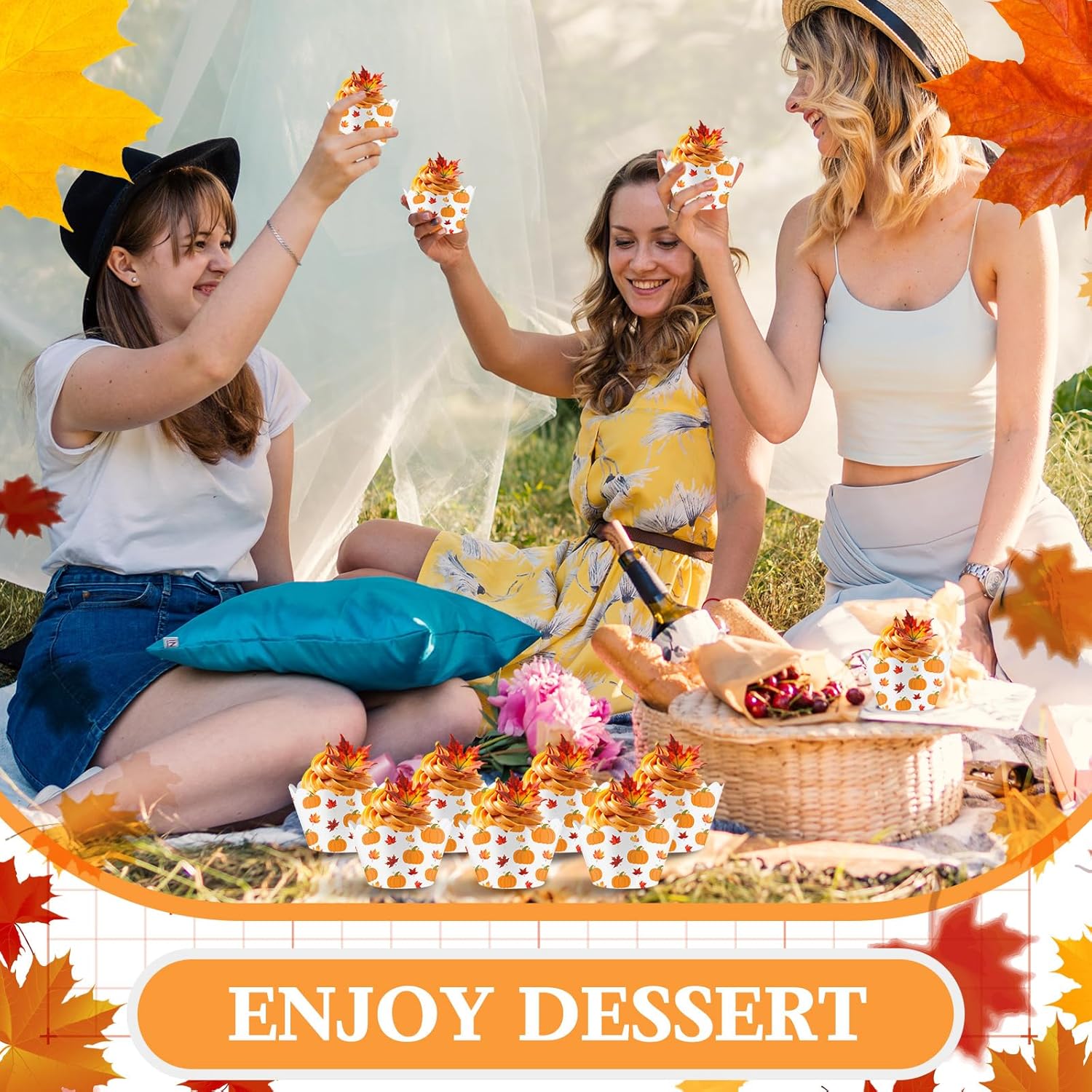 Domensi 100 Pcs Fall Pumpkin Maple Leaf Cupcake Wrappers Rustic Cupcake Liners Thanksgiving Baking Cups Baking Liners for Autumn Wedding Bridal Baby Shower Birthday Party Supplies Dessert Decoration