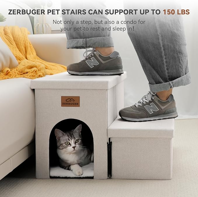 Dog Stairs with Condo 15" H, 2-Step Wider Dog Steps for Small/Medium/Large Old Dogs Cats, Folding Sturdy Storage Pet Stairs Climbing Bed Couch, Ramp for Car Hold Up to 150 lbs, Beige-PawvioPets