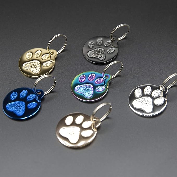 Engraved Pet Tag for Dogs and Cats - Personalized Front & Back up to 4 Lines of Text Custom Engraved ID, Round Paw Print Solid Plating Stainless Steel Gold Regular-PawvioPets